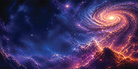 Abstract cosmic space background with spiral galaxy, stars, nebula and blue cosmic dust in deep dark universe illustration, fantasy astronomy wallpaper of outer space and cosmos © Midul