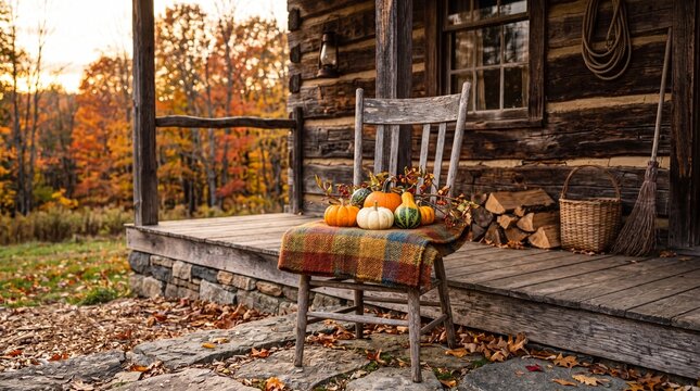 A vintage chair outside a rustic house, with autumn pumpkins arranged on the seat.