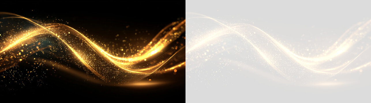 金色のライトウェーブとキラキラ粒子 透明PNG背景 光の軌跡と幻想的なボケが美しい抽象オーバーレイ素材