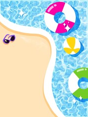 Naklejka premium Summer Pool Invitation Background with Swimming Pool, Floats and Copy Space