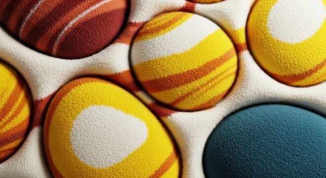 Closeup of colorful eggs in carton box  brown yellow blue white striped eggs  food and drink still life