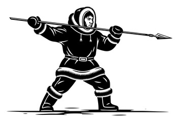 Inuit hunter with spear in traditional fur parka arctic indigenous person hunting silhouette vector illustration © Luka