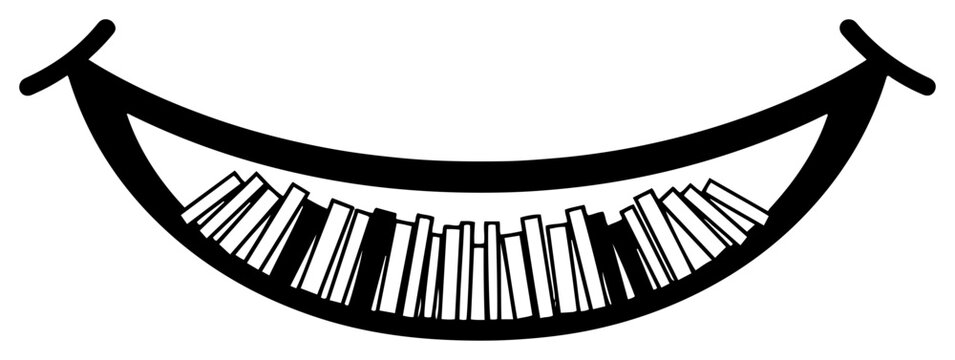 Books arranged in a smile shape or hammock symbol for reading happiness black and white vector illustration