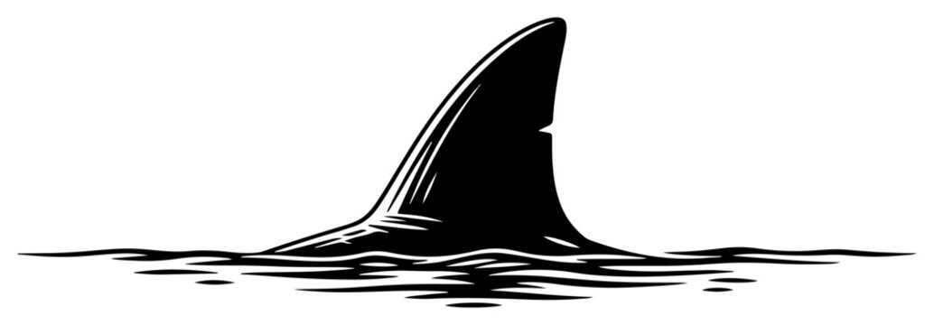 Shark fin silhouette on ocean water surface as a symbol of danger and predator black and white vector illustration