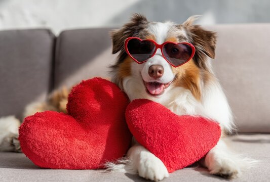 Australian shepherd dog wearing red heart shaped sunglasses lying on a grey sofa with red plush heart pillows for a romantic holiday theme