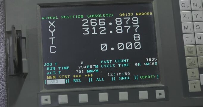 Close Up of CNC Control System on Metalworking Machine. CNC Machine Control Panel in Industrial Workshop. Industrial equipment control. Coordination punching press, CNC, coordinate press. Close-up.