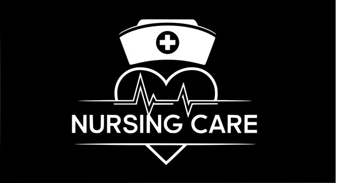 Nursing care conceptual logo design with heart pulse line and nurse hat icon healthcare hospital
