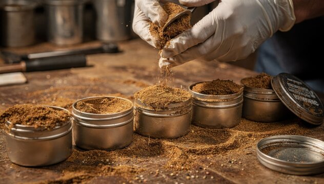 Medium shot showing the detailed process of filling open tins with loosely packed finely ground snuff tobacco highlighting texture and manual handling.