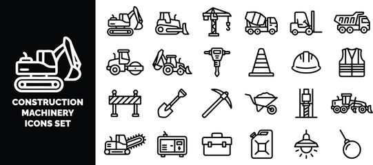 Construction machinery and equipment set, black and white linear symbols for building, engineering, and industrial projects © ico-vect