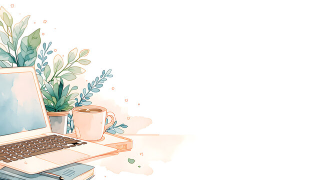 ノートパソコンとコーヒーにみずみずしい観葉植物を添えた温かみのあるクリエイティブなワークスペースの水彩風イラスト