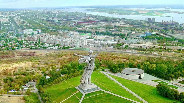Aerial view of The Motherland Calls monument on Mamayev Kurgan overlooking the city of Volgograd