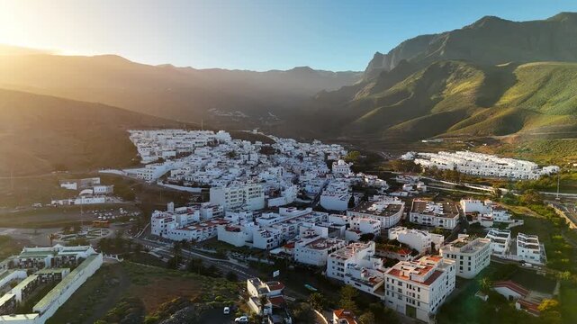 Wide landscape of Agaete town in green valley, Gran Canaria