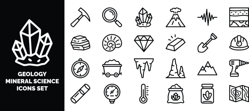 Geology and mineral science set, featuring line symbols of crystals, mining tools, volcano, fossils, and earth layers