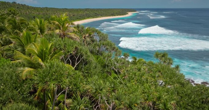 Low angle drone flight over lush green tropical jungle trees covers coastline leading to pristine white sand beach, with turquoise ocean waves crashing gently on the shore of Port Resolution, Vanuatu