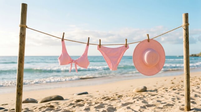 Pink bikini and sun hat hanging on clothesline at sunny tropical beach.