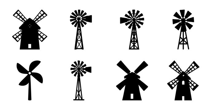 Black and white windmill and fan illustrations - Minimalist vector icons of classic windmills and fans in black and white style for various creative projects.