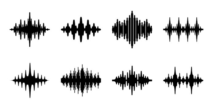 Sound wave patterns in black and white - Minimalist set of sound wave icons with varying lengths and shapes in black and white style.