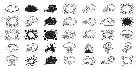 Set of various comic book explosion smoke cloud and fire effects in black and white hand drawn sketch style © GraphixEra
