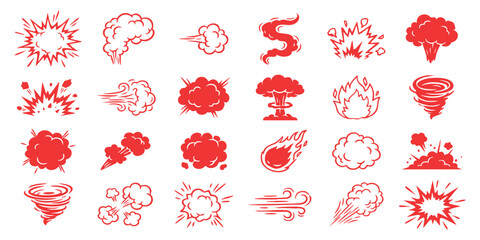 Set of red cartoon comic book explosion and smoke effect icons for graphic design and animation projects © GraphixEra