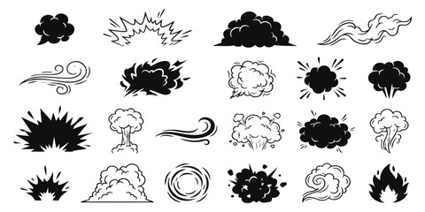 Collection of black and white cartoon comic smoke explosion blast and wind motion effect vector icons set © GraphixEra