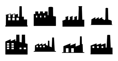 Obraz premium Black industrial factory icons set - Minimalist black factory icons showing different industrial buildings and factory styles for design projects.