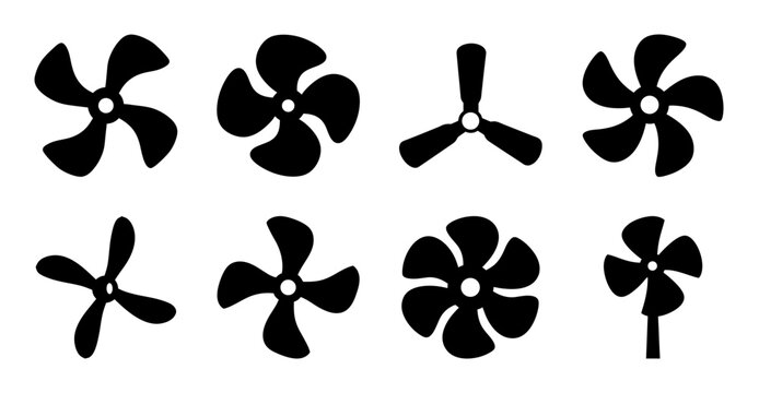 Black fan and propeller icons set - A collection of stylized black fans and propellers in various classic designs for versatile use in graphics and icons.