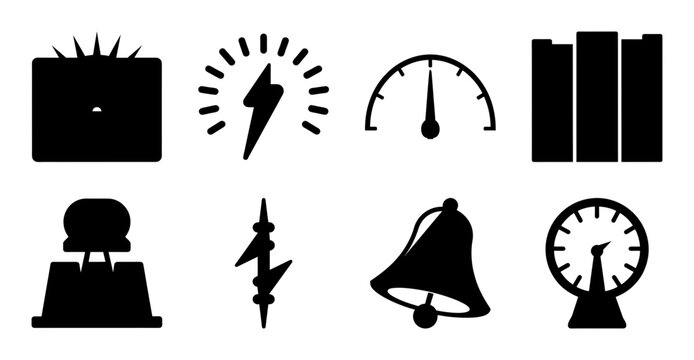 Black electrical and alarm icons set - Minimalist black icons showing electrical symbols, alarm, and vintage clock for power, warning, and time concepts.