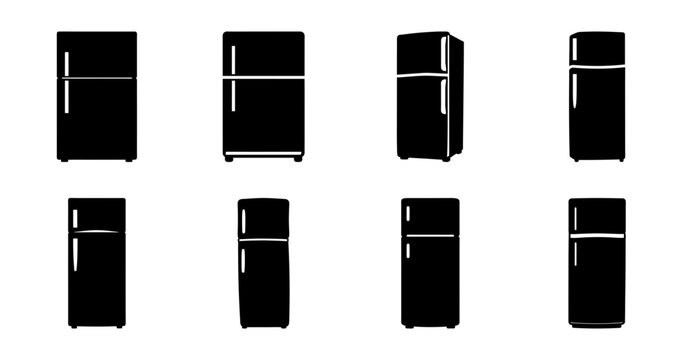 Modern black refrigerator vector icons set - Eight sleek black refrigerator icons in vector style, arranged neatly for design and UI projects.
