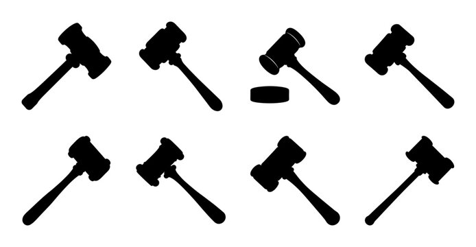 Black gavel icons in various styles - Nine stylized black gavel icons in different designs for legal, court, or auction themes.