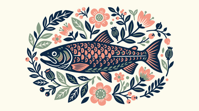 Minimalist flat vector illustration featuring a stylized rustic salmon fish swimming amidst abstract botanical leaves and blooming flowers in a modern folk art linocut style.