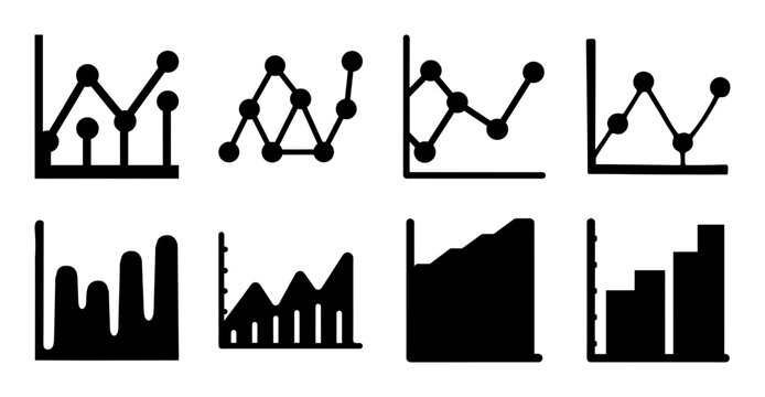 Black line chart and bar graph icons set - Minimalist set of line charts and bar graphs in black for data visualization and presentations.