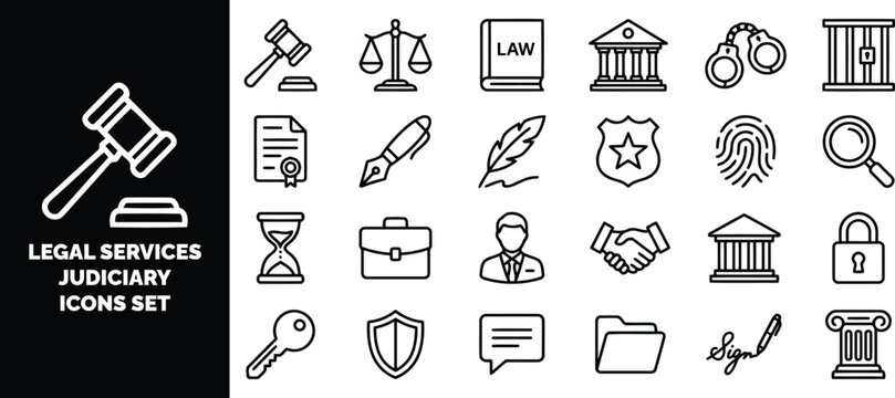 Legal services and judiciary set, black and white line symbols for law, justice, crime, courtroom, and legal documentation