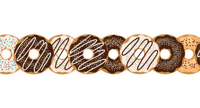 Horizontal row of assorted decorated donuts with different glazes, sprinkles, and toppings including chocolate and vanilla flavors.