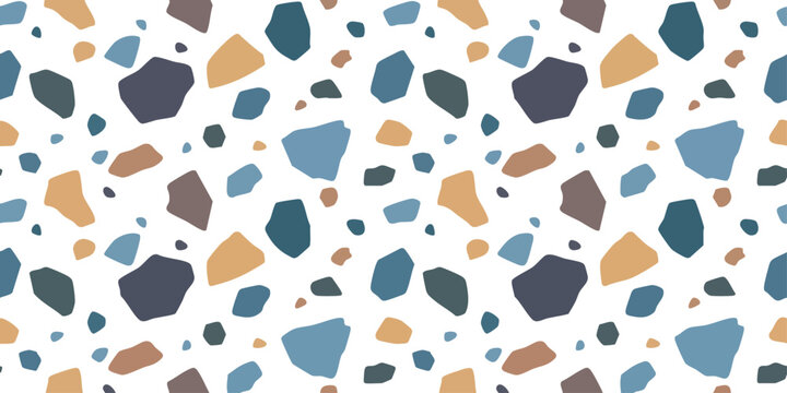 Abstract terrazzo pattern with colorful stone shapes in blue grey and orange colors for modern home decor