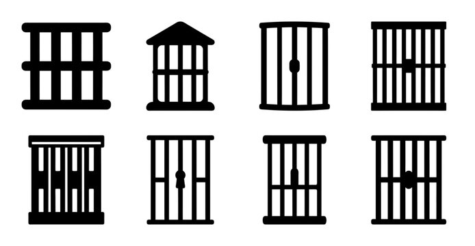 Black and white jail cell bar designs - Various black and white illustrations of jail cell bars and gates in a clean, minimalist style for stock use.