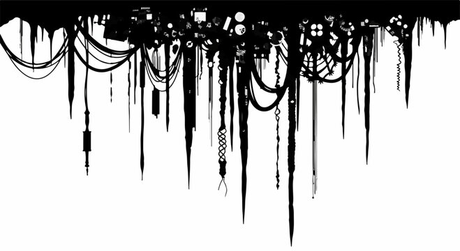 Intricate abstract silhouette of dangling wires and electronic components against a white background.