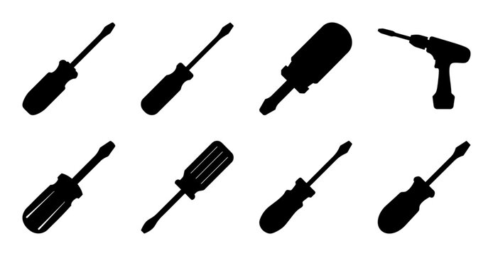 Black screwdriver and drill bit icons set - Minimalist black screwdriver and drill bit icons in a clean, simple style for design projects.