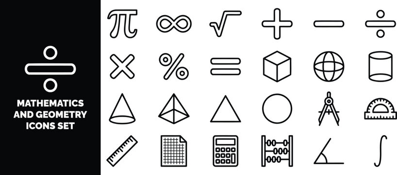Mathematics and geometry set featuring arithmetic symbols, geometric shapes, and measuring tools in black and white line style