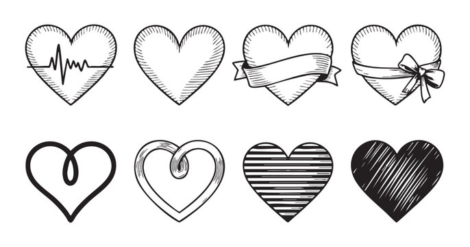 Vintage hand drawn heart sketches with ribbon and heartbeat line for medical and romantic designs.