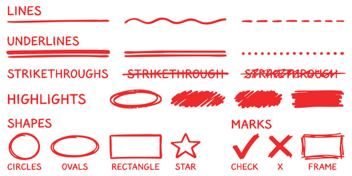 Set of hand drawn red marker lines underlines highlights and geometric shapes for notes and text editing