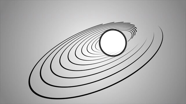 Animation of an abstract model of a planet on a white background, around which orbital rings or planets with flight paths revolve.