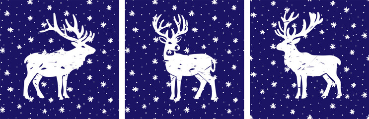 white silhouette reindeer seamless pattern set on dark blue background with snow for christmas greeting card winter posters design © pani_Nadichka