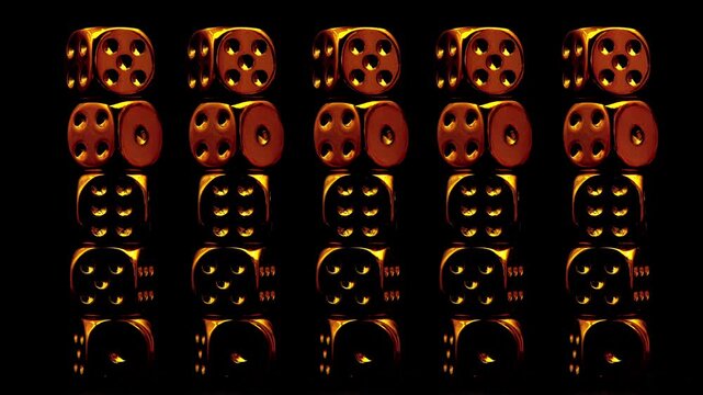golden dice in motion on a rotating table with black bacground