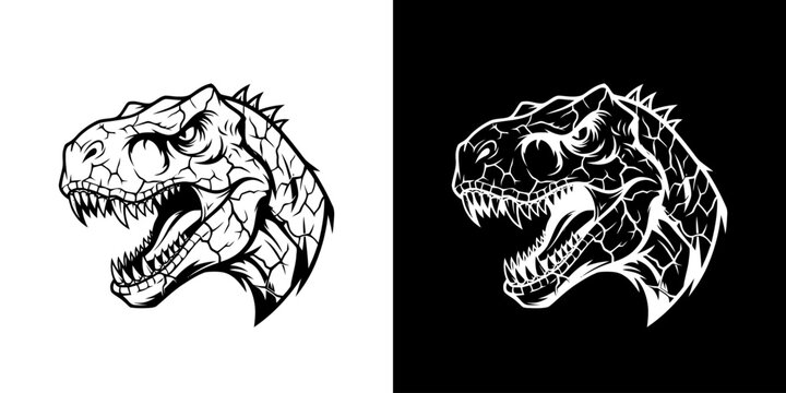 Tyrannosaurus Rex Head Illustration - A Fierce Prehistoric Predator in Black and White.