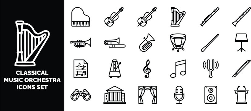 Set of black and white line featuring classical musical instruments, orchestra equipment, and concert hall symbols on a white background