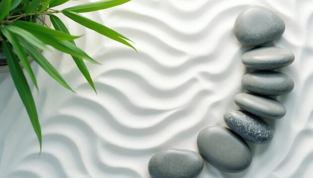 Zen garden with smooth grey stones balanced on white sand waves. Green bamboo leaves add natural calm. Peaceful spa scene, mindful relaxation, and harmony.