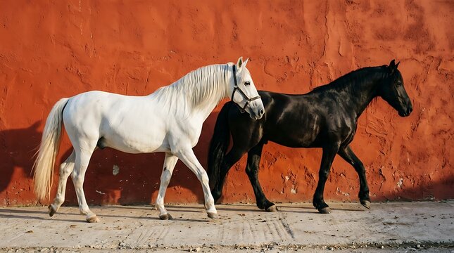 Two horses walking side by side in front of a red wall