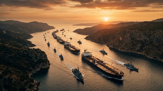 Aerial view of oil tankers and escort ships sailing through rocky coastal strait at golden sunset maritime transport concept