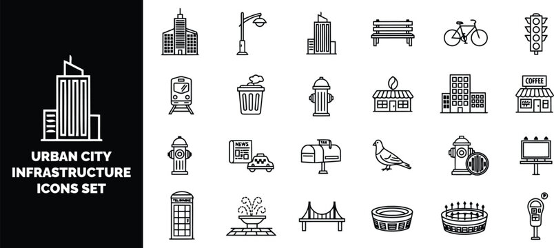 Urban city infrastructure set featuring buildings, transportation, public amenities, and street in black and white line