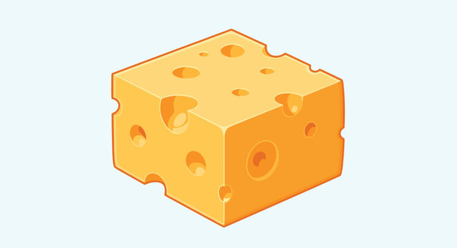 Perfectly shaped cubic block of yellow Swiss cheese with characteristic holes of various sizes on a light blue background.